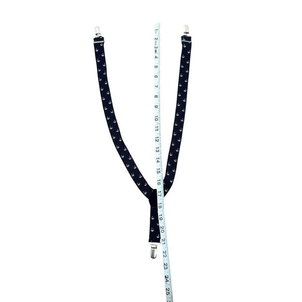 Zara Nautical Themed Navy Blue Anchor Pattern Adjustable Suspenders With Silver